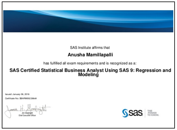 SAS Statistical Business 
Analyst Professional Certificate